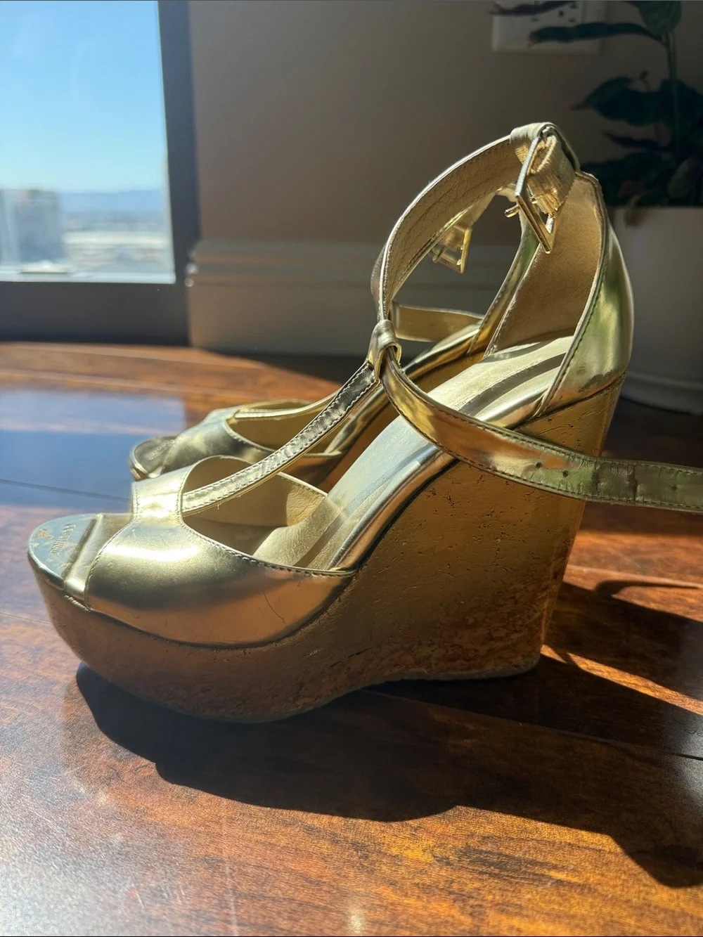 Metallic Gold Platform Ankle-Strap Sandals